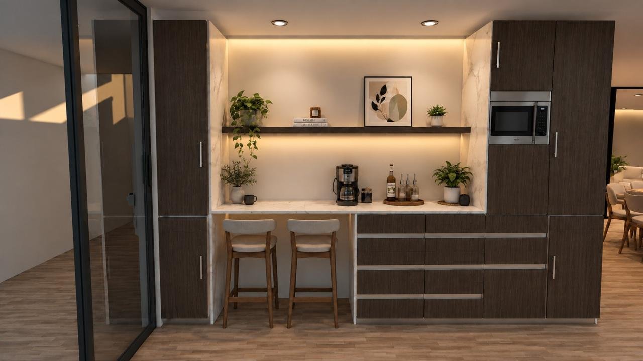Interior residencial con barra y almacenamiento de madera.