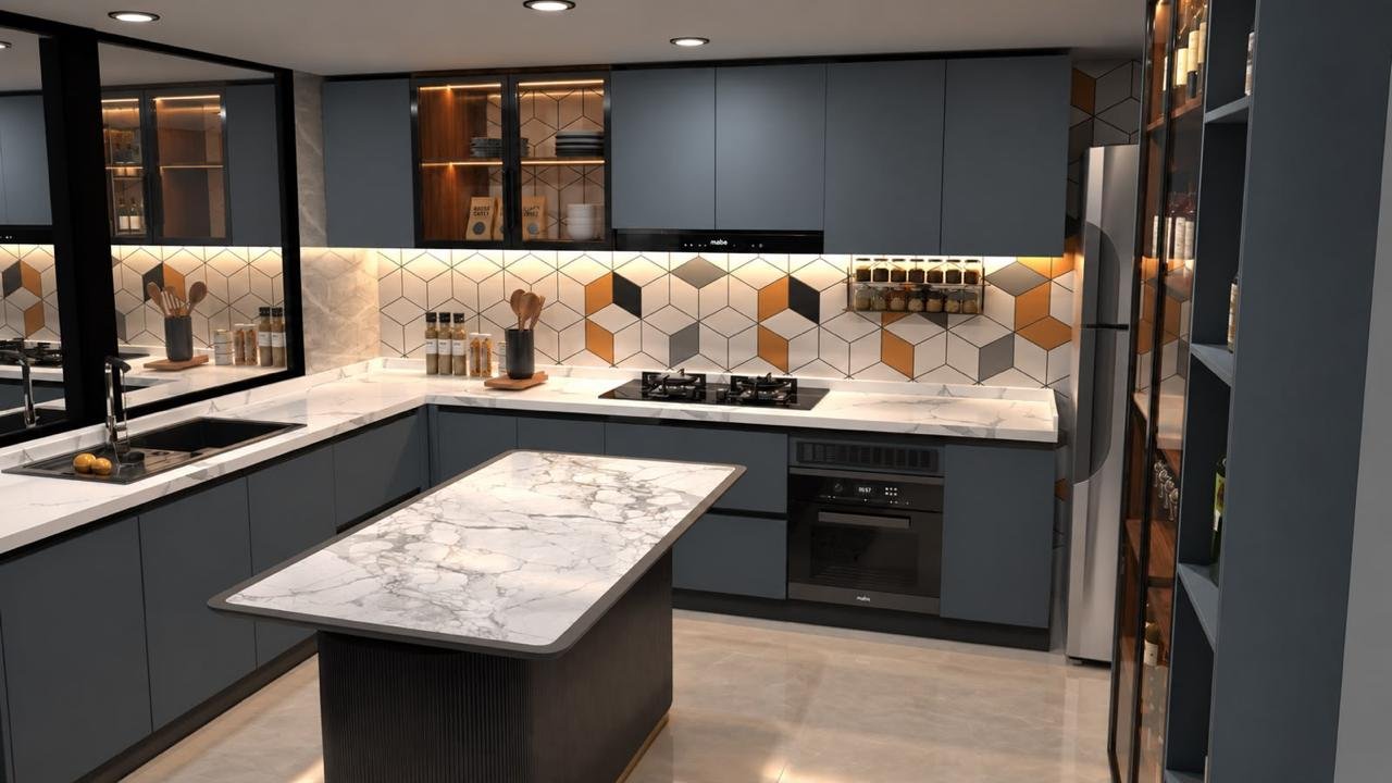 Cocina residencial con iluminación y almacenamiento a medida.
